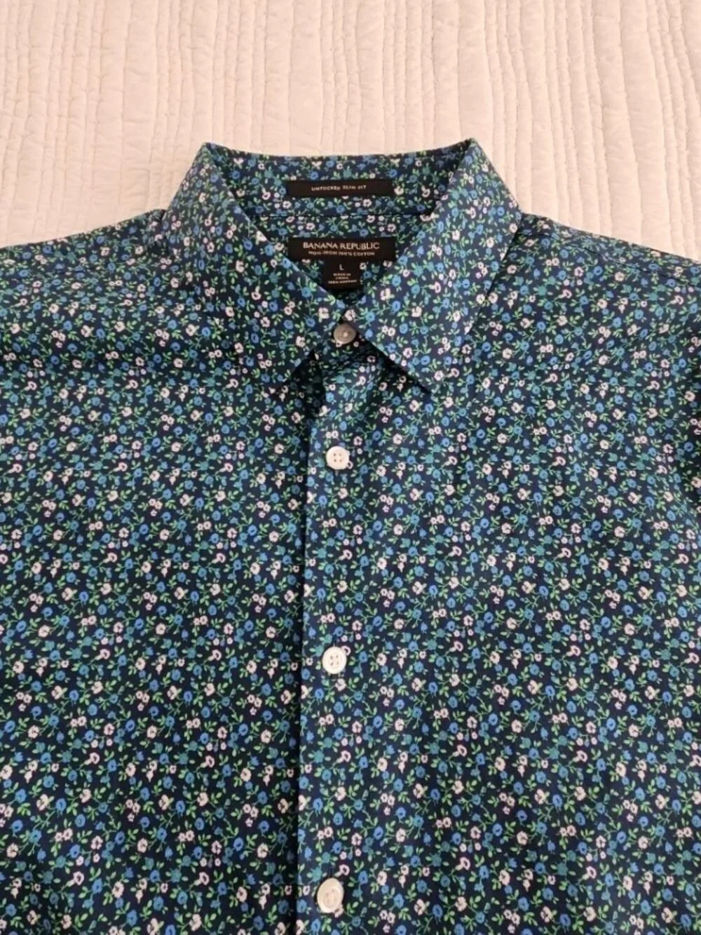 Banana Republic Shirt Men's L Large Blue Green Floral AOP Untucked‎ Slim Fit EUC